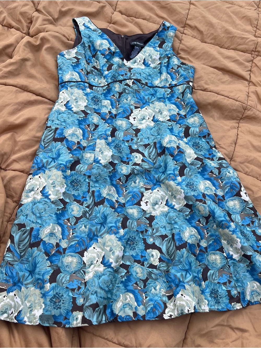 Vintage Y2K Kathy Roberts Blue/Brown Floral Roses Midi Dress Size 14